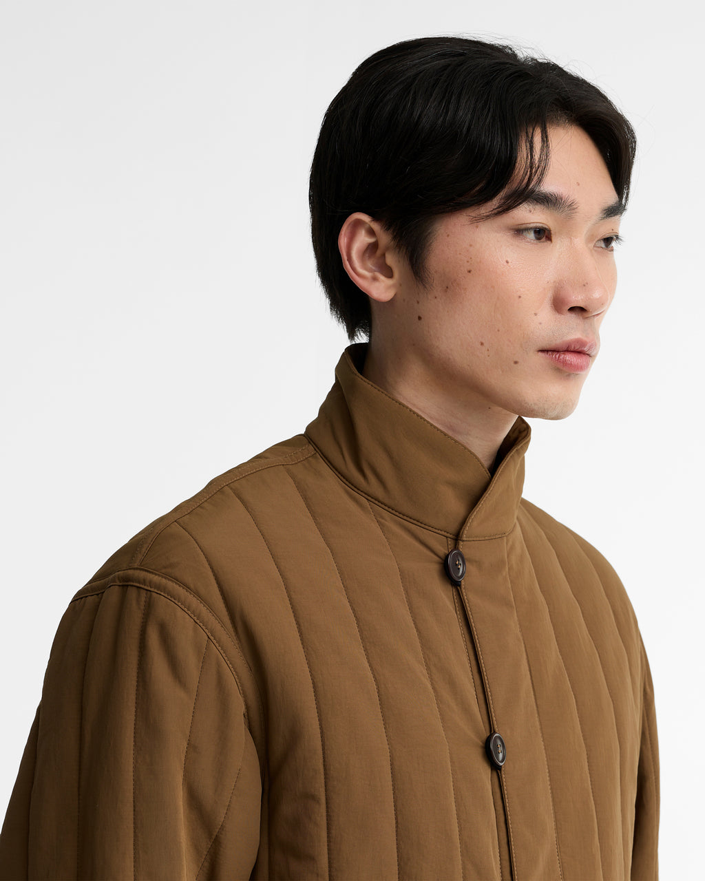 Sepia quilted jacket close-up with stand collar and dark snap buttons