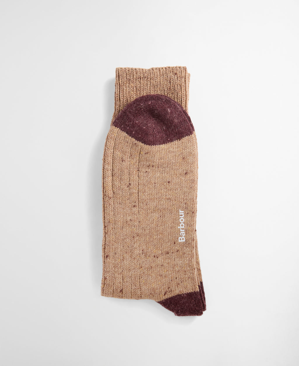 Ribbed crew socks with Barbour logo, tan knit and burgundy toe