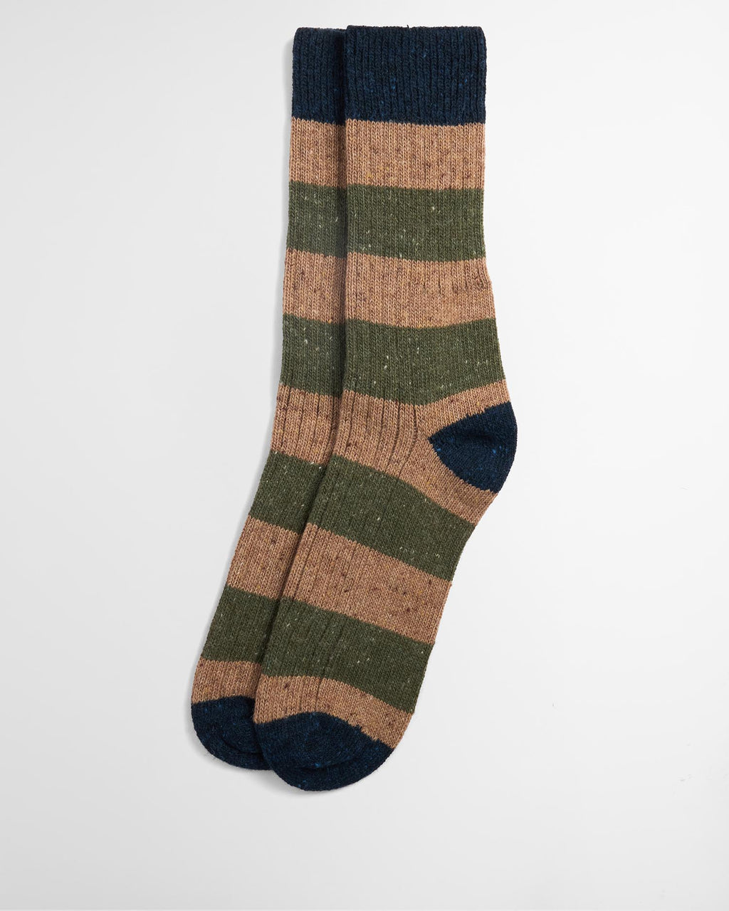 Striped crew socks in military brown and olive with navy cuffs