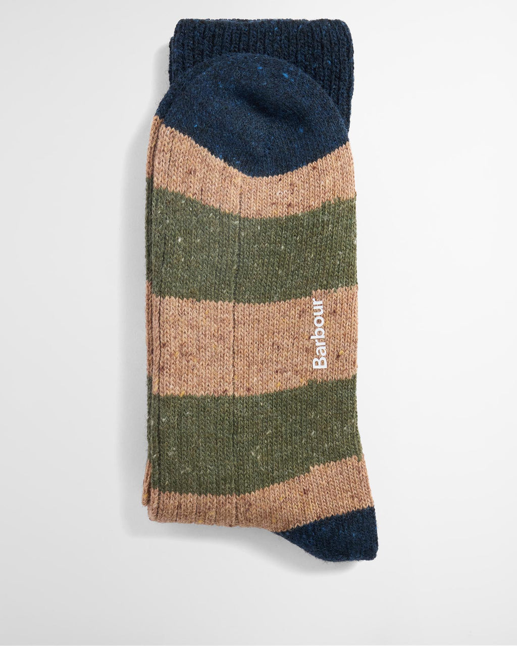 Striped crew socks in brown and olive with Barbour logo at side
