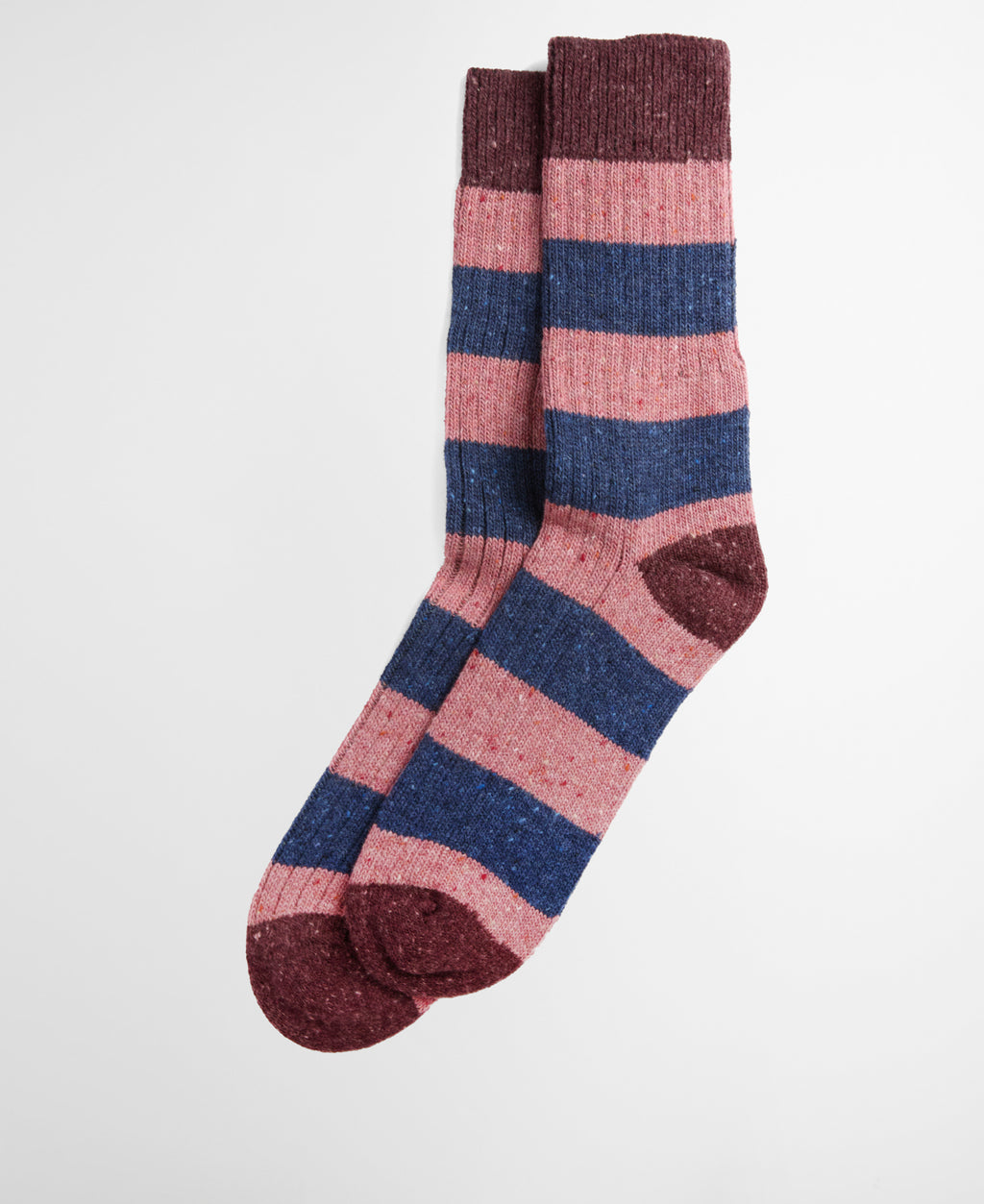 Bordeaux and navy striped crew socks, ribbed knit with maroon toe and heel
