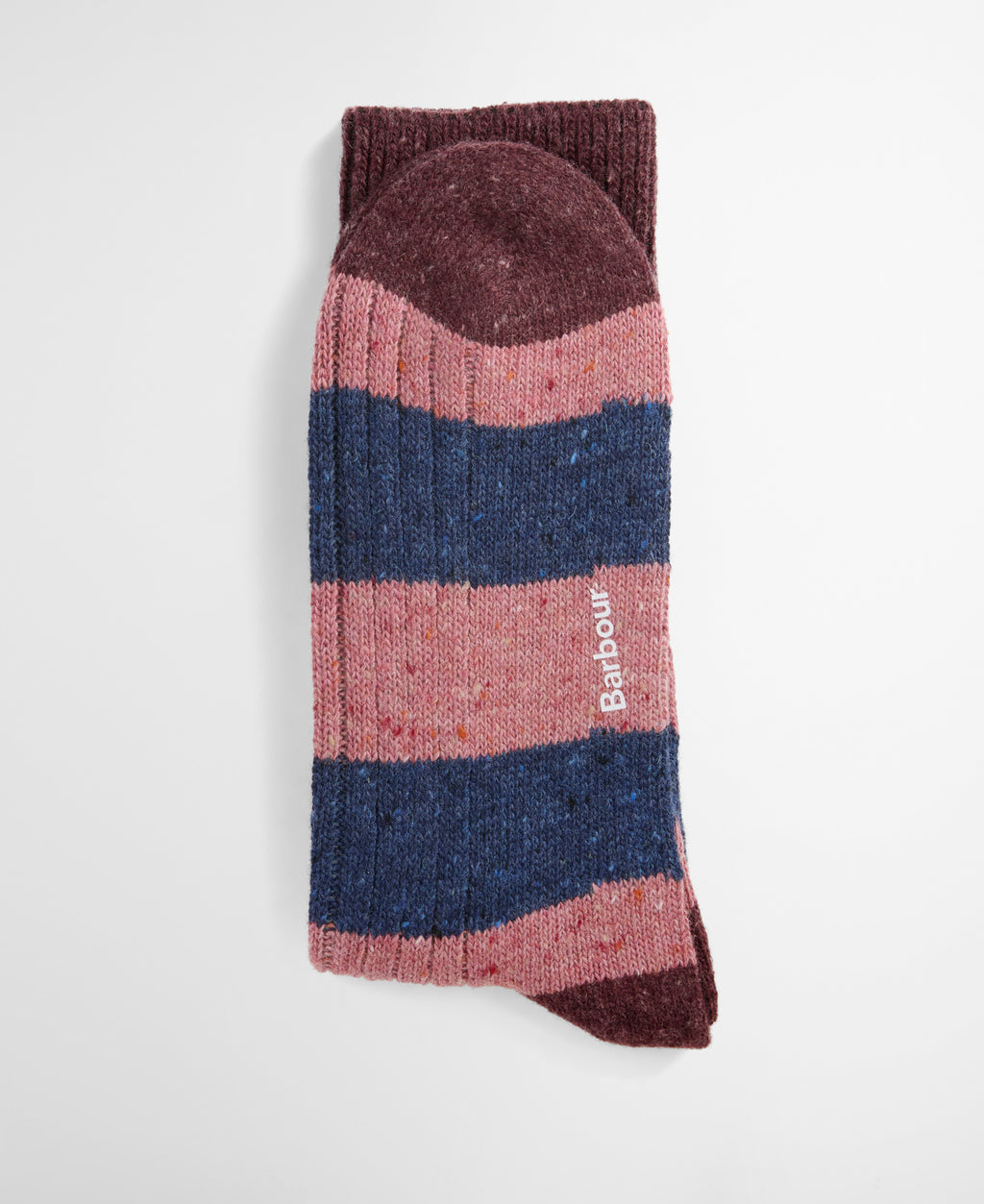 Bordeaux and navy striped crew socks with ribbed cuff and Barbour logo on side