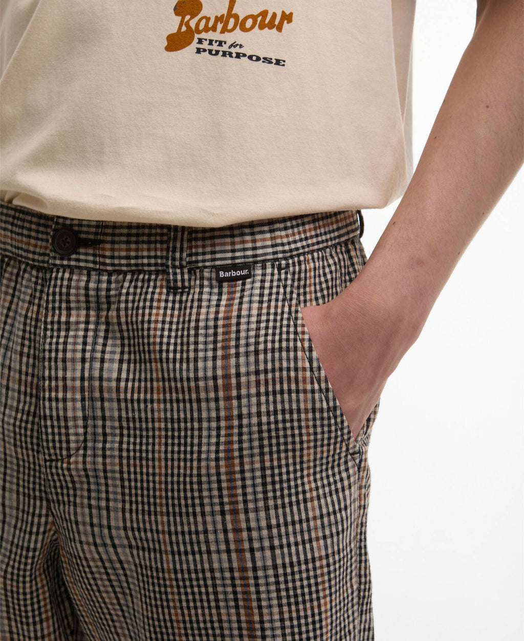 Barbour Fife Checked Short in Neutral Check, waistband detail