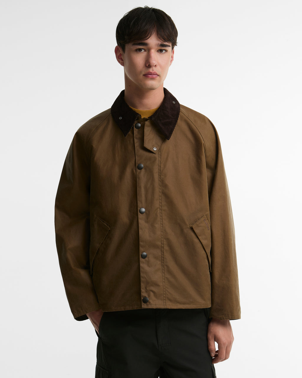 Barbour OS Transport Wax Jacket in Sand, front view
