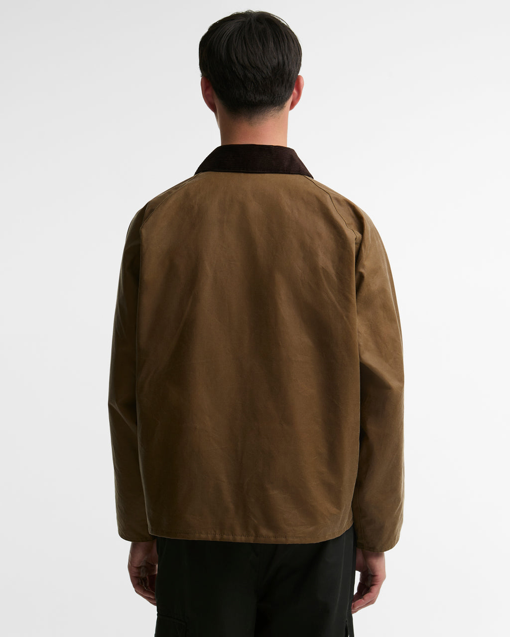 Barbour OS Transport Wax Jacket in Sand, back view