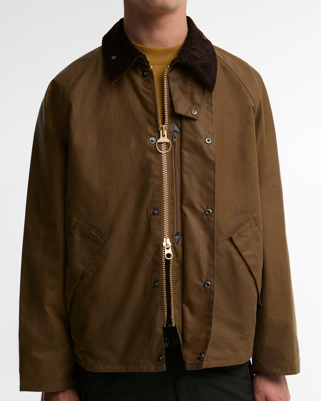 Barbour OS Transport Wax Jacket in Sand, pocket detail