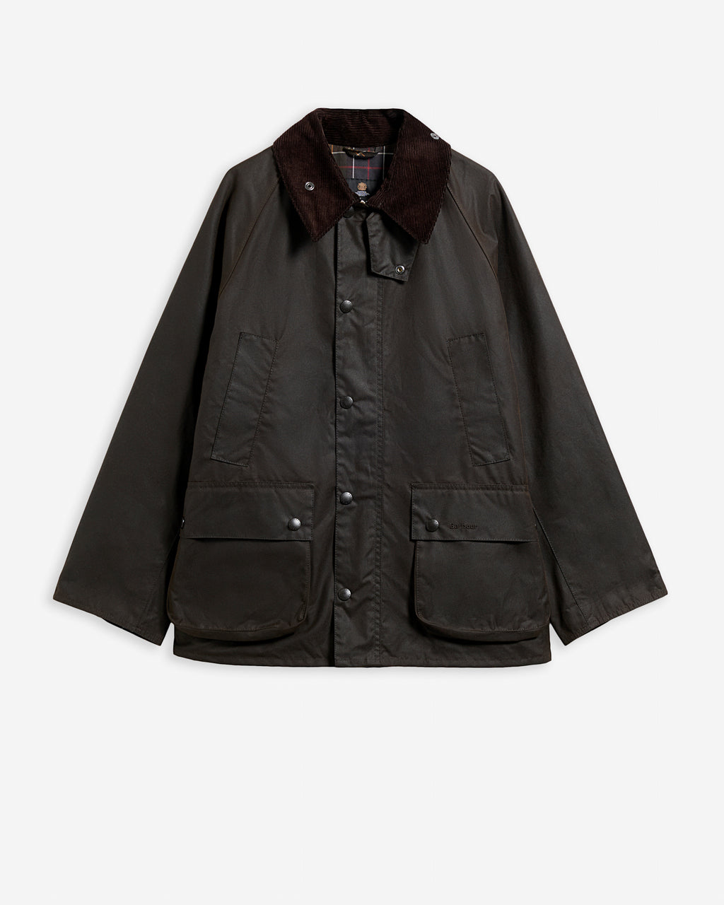 Dark brown wax jacket with corduroy collar, snap pockets, and button placket