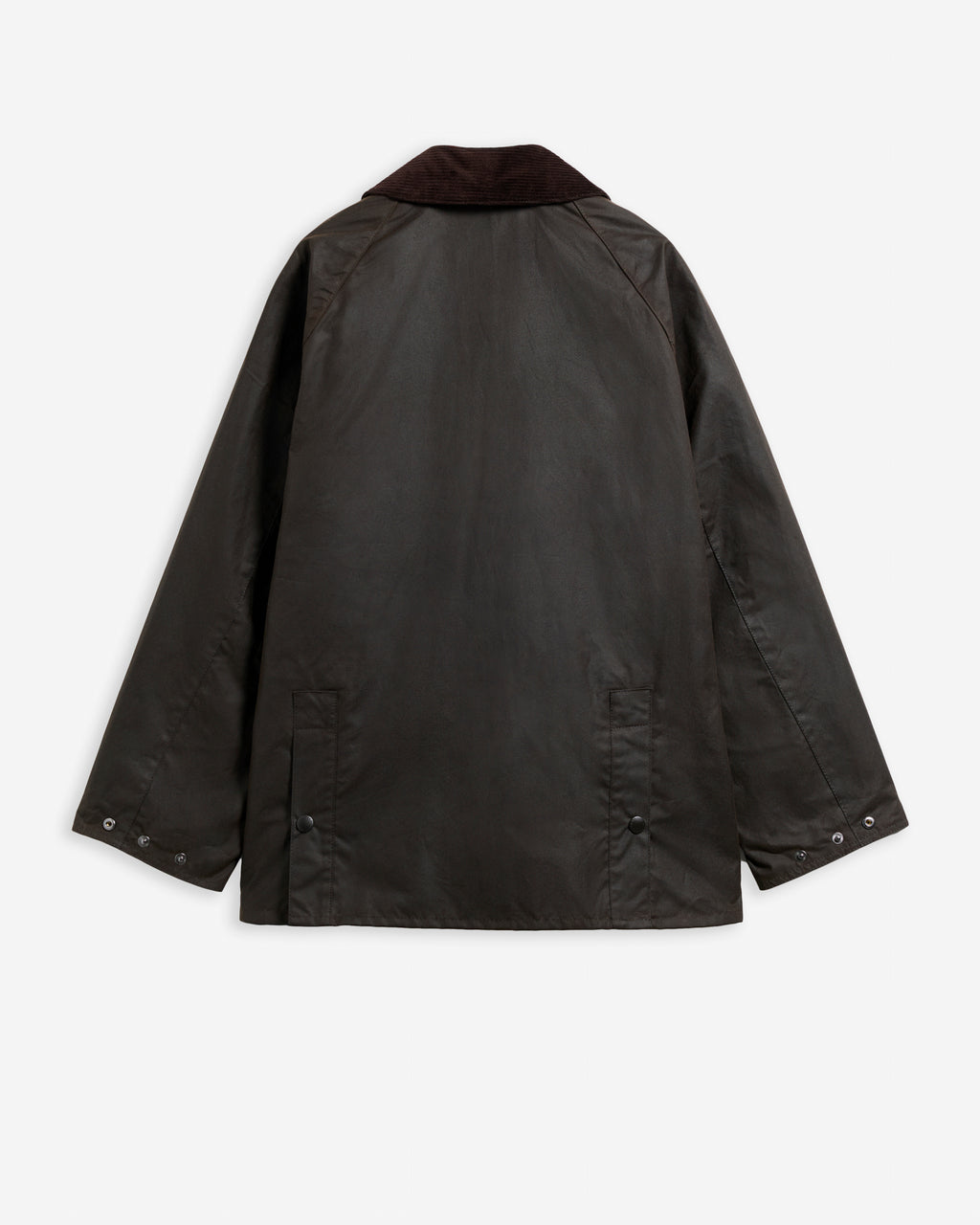 Dark brown wax jacket back with corduroy collar and buttoned cuffs