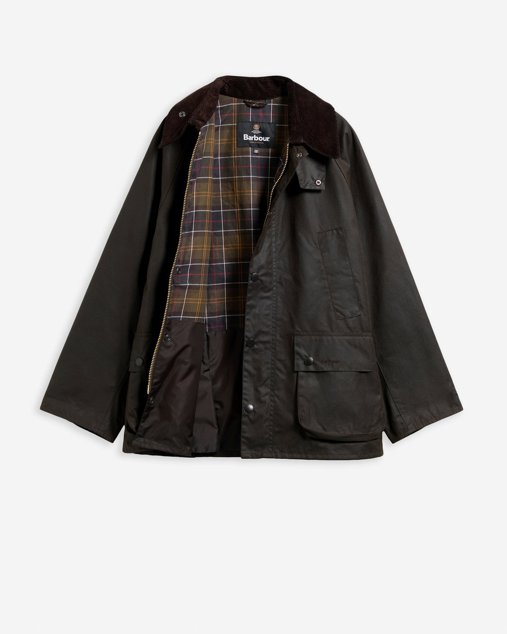 Barbour wax jacket in dark brown with plaid lining and snap-front pockets