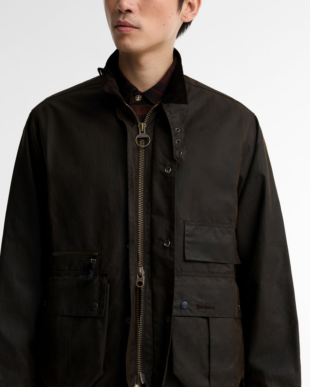Barbour Modified Ursula Waxed Jacket in Dark Brown, collar detail