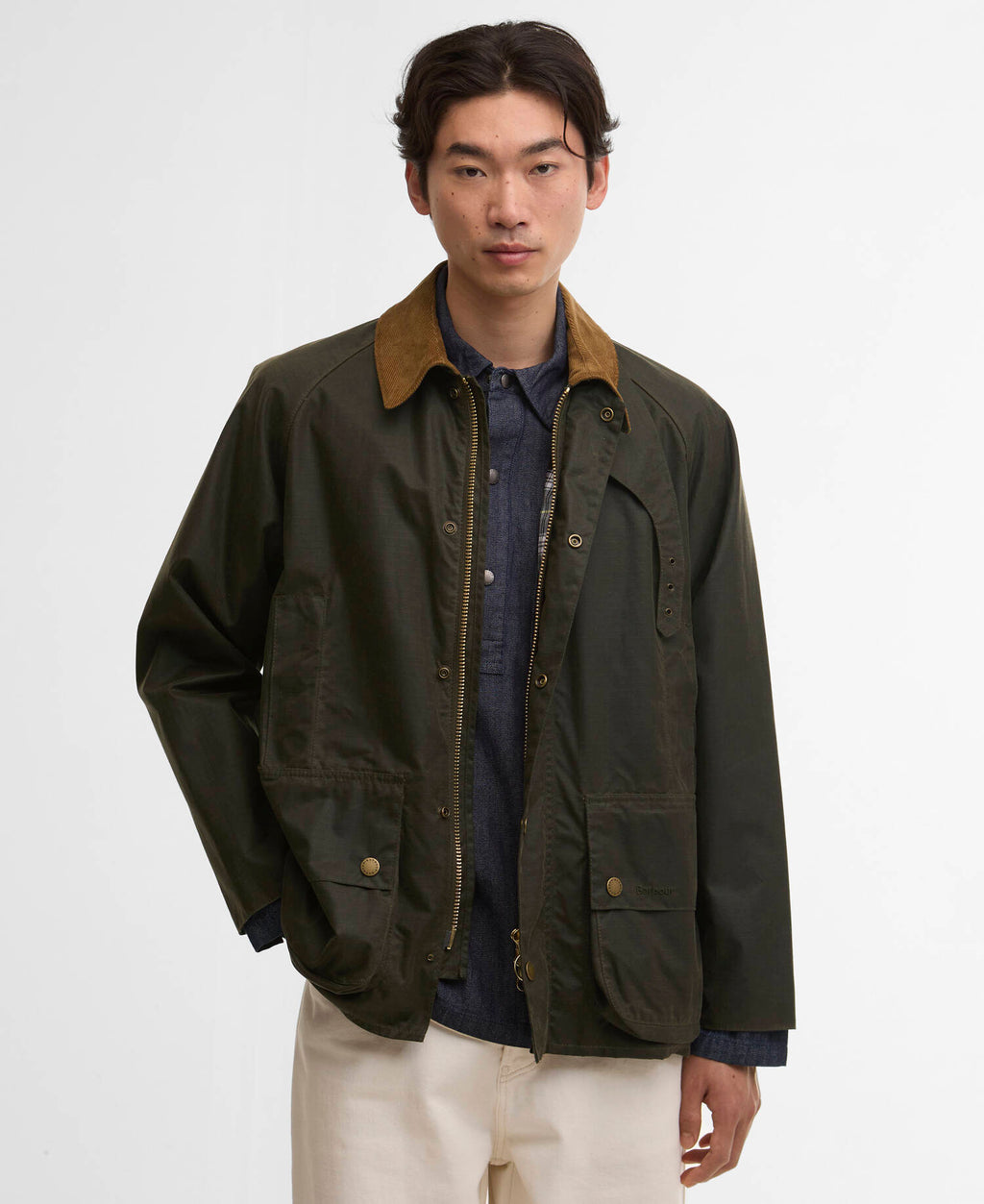 Barbour Modified Beaufort Spectator Wax Jacket in Archive Olive, front view