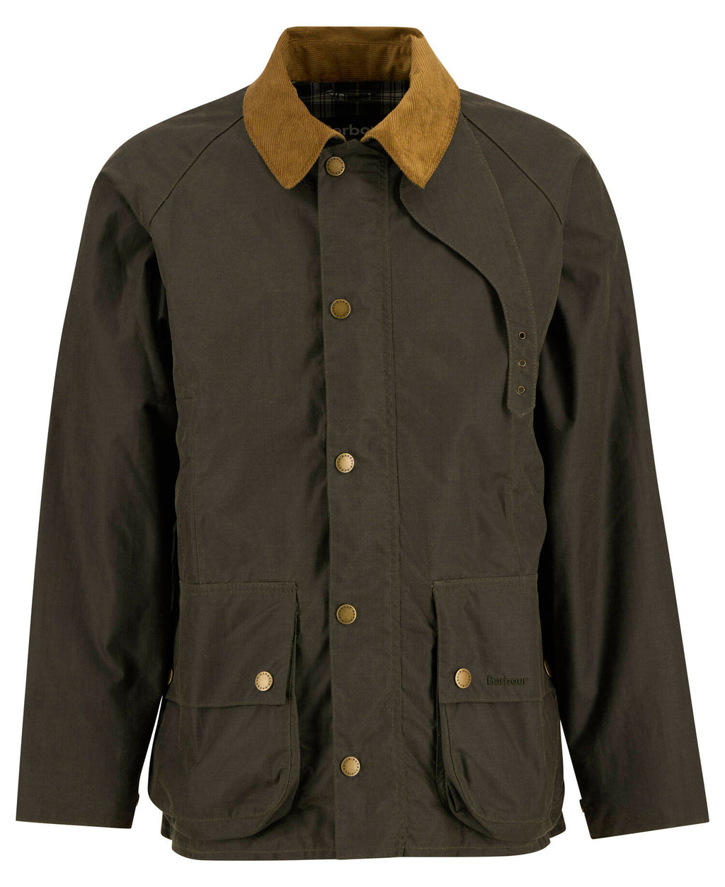 Barbour Modified Beaufort Spectator Wax Jacket in Archive Olive, flat lay
