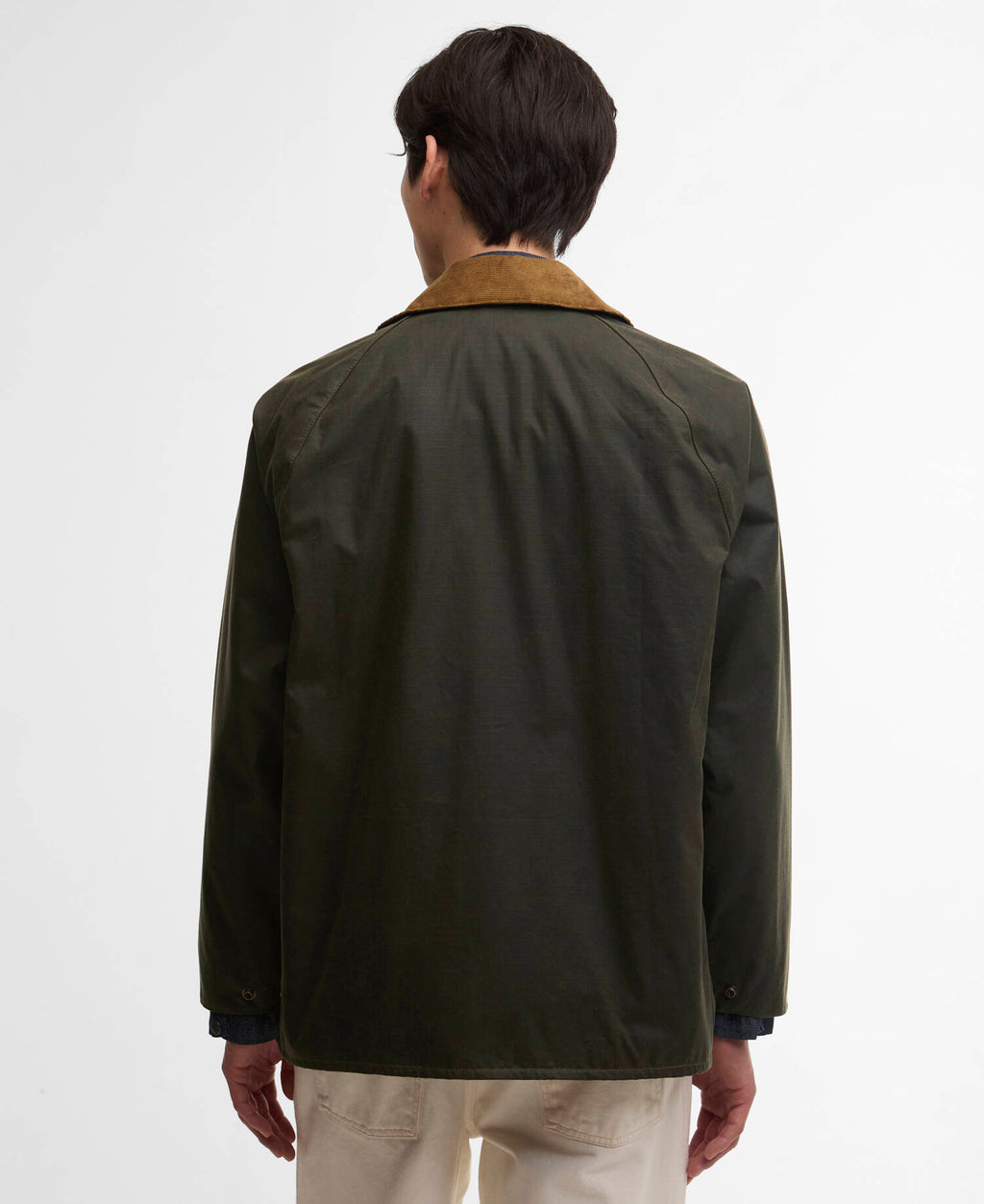 Barbour Modified Beaufort Spectator Wax Jacket in Archive Olive, rear view