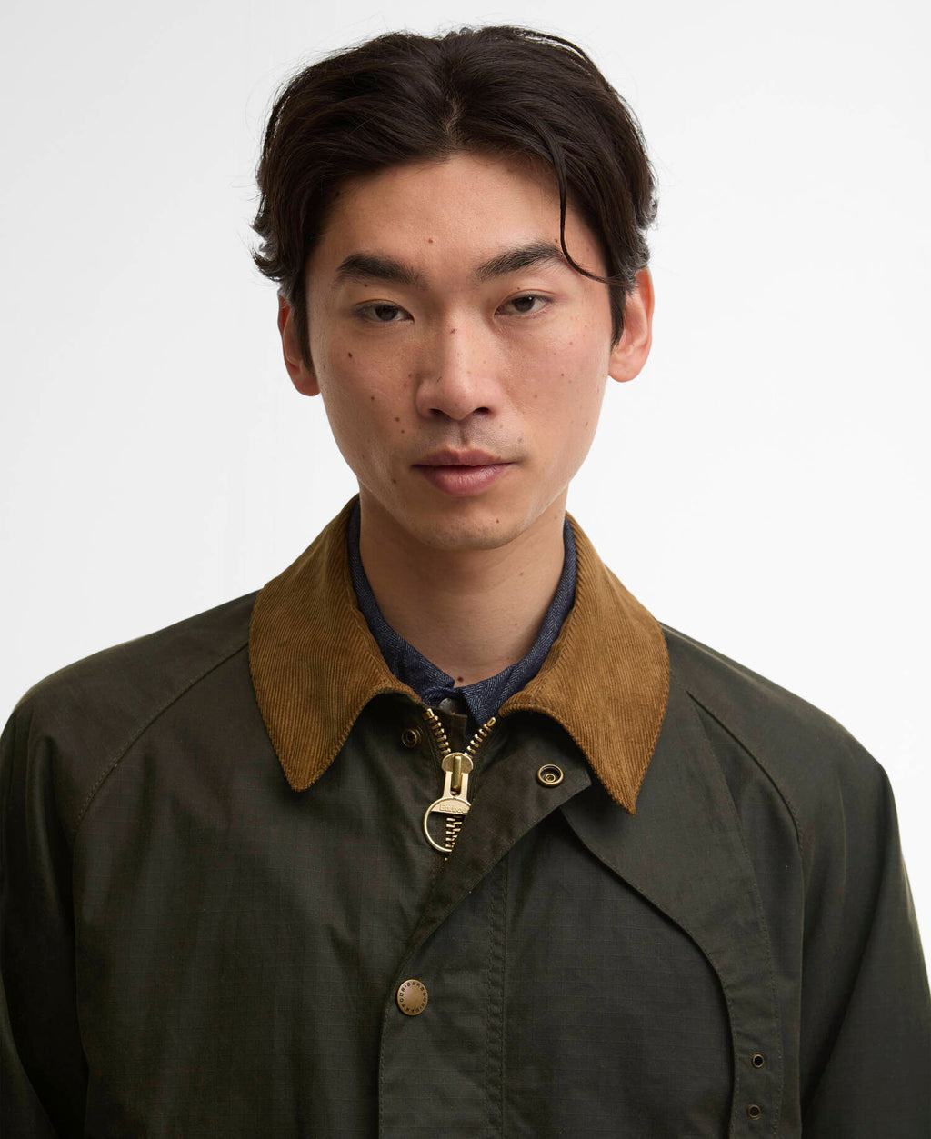 Barbour Modified Beaufort Spectator Wax Jacket in Archive Olive, corduroy collar detail