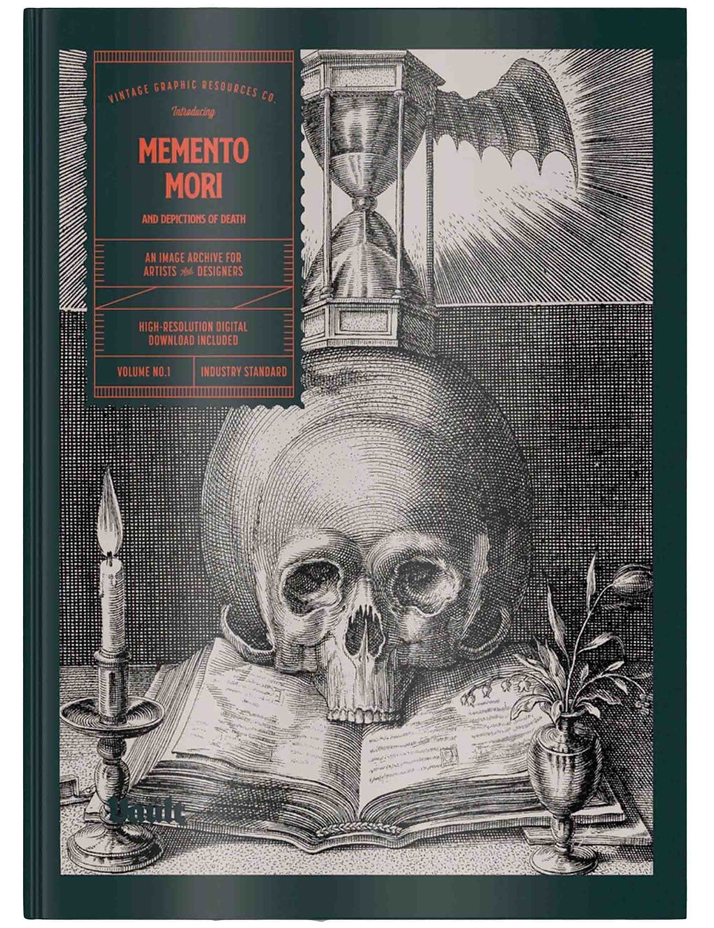 Book cover with a skull, candle, and hourglass design on a dark green background
