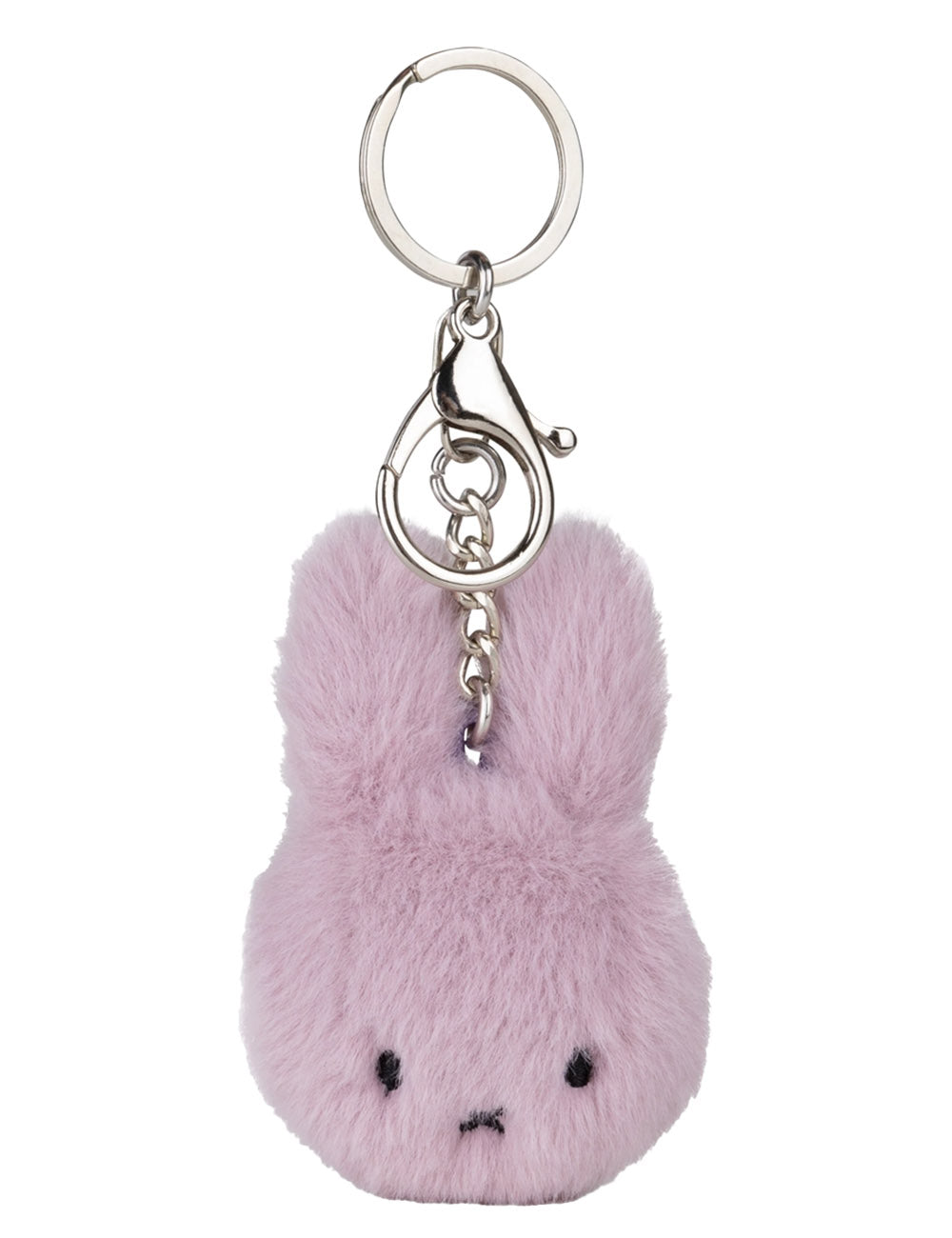 Pink plush keychain with a silver clasp on a white background