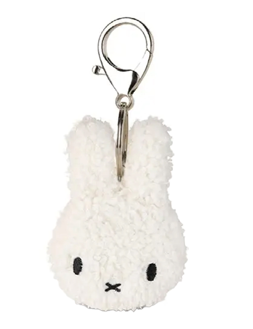White plush bunny keychain with a metal clip on a white background
