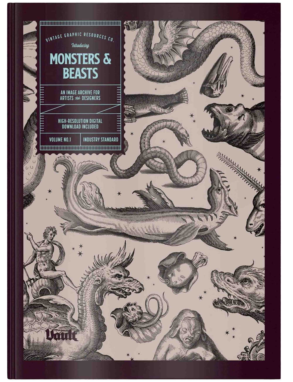 Book cover with illustrations of monsters and beasts and text about vintage graphic resources.