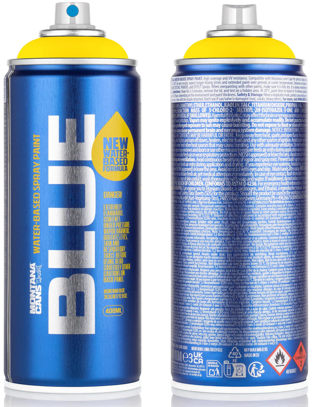 Water-based spray paint can front and back view, blue body with yellow cap