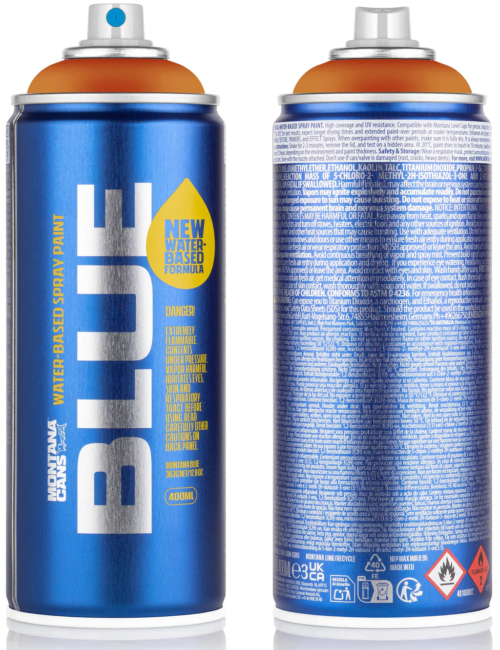 Blue water-based spray paint can with orange cap, 400 ml