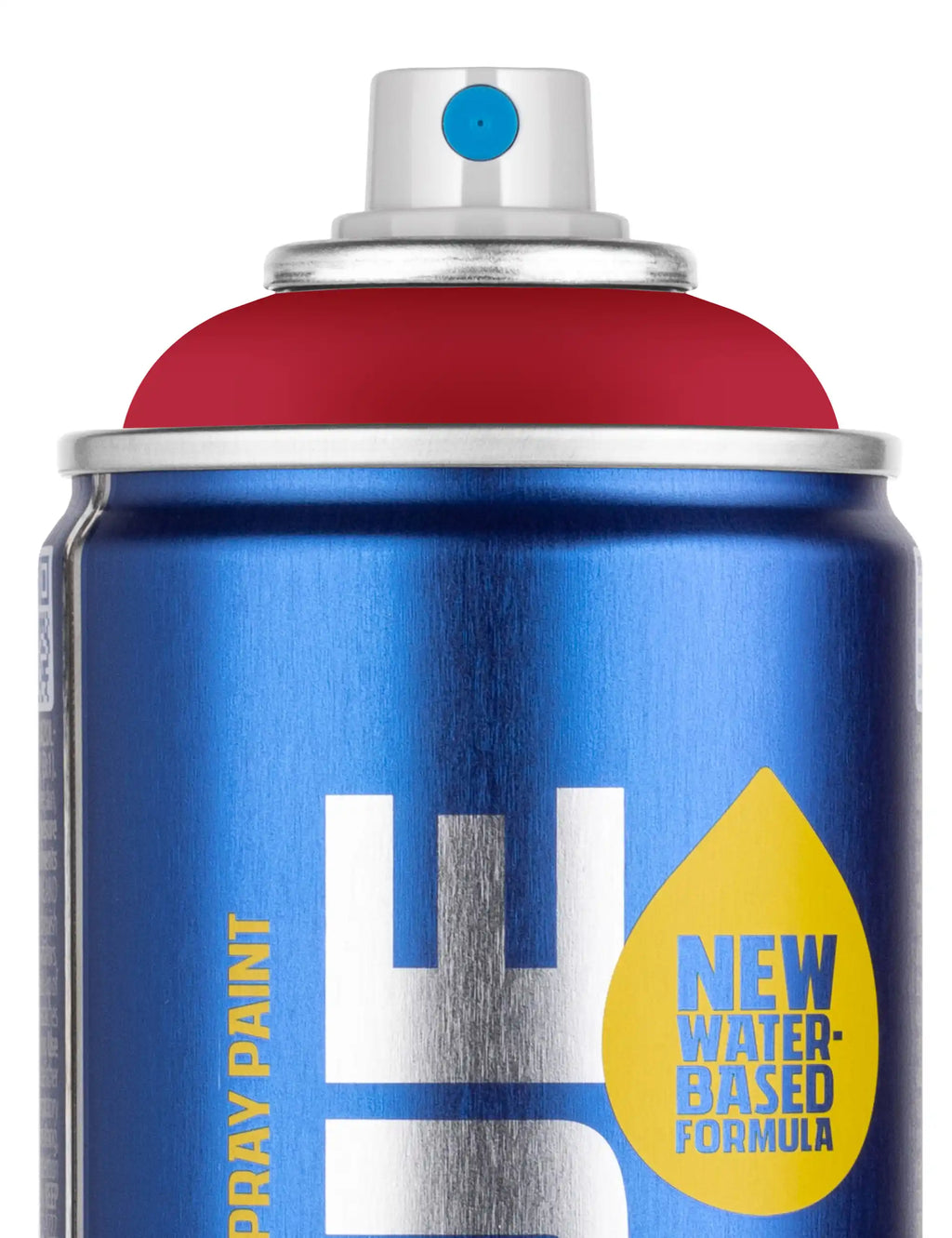 Water-based spray paint can 400 ml close-up of blue body and red cap with logo