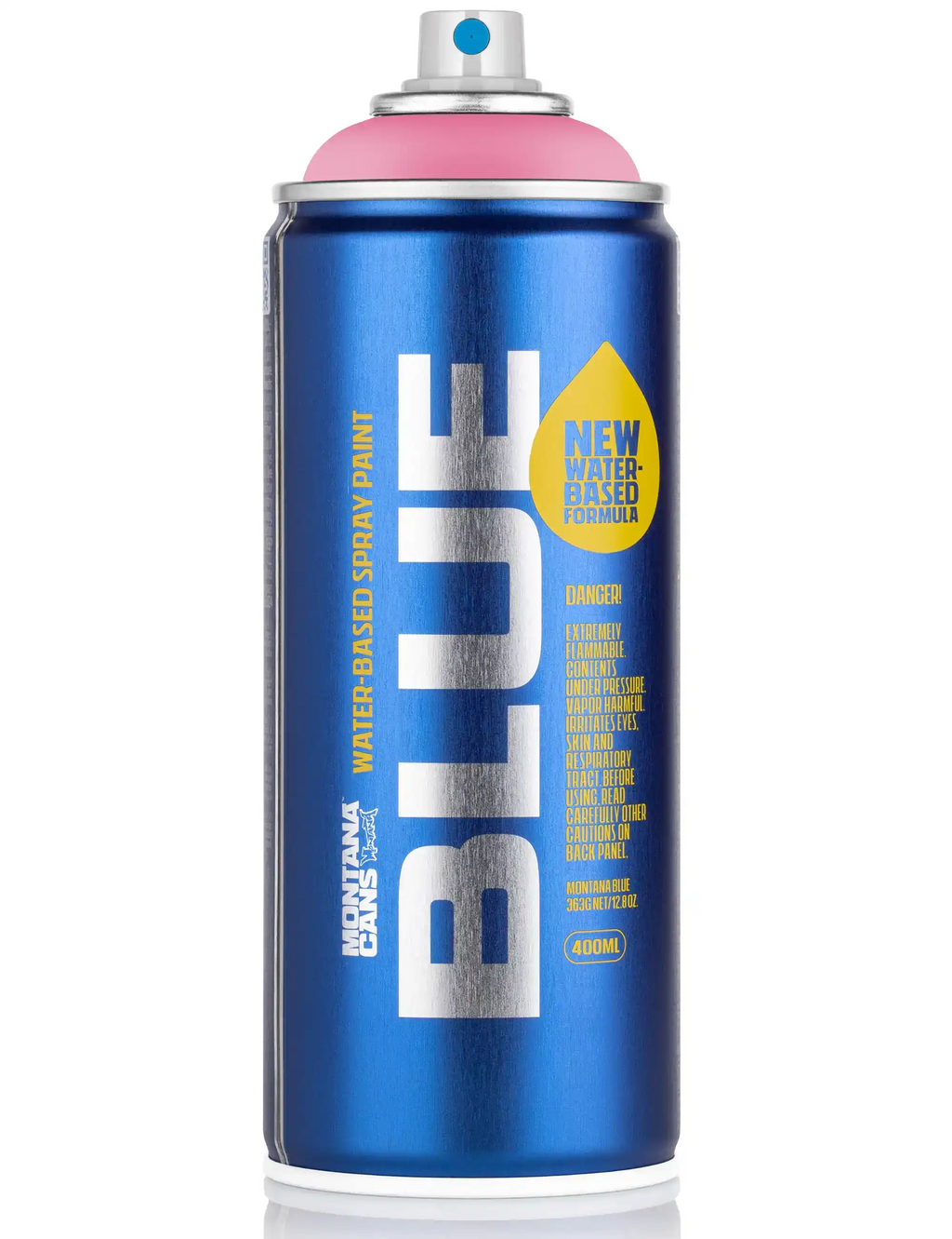 Water-based spray paint aerosol can, blue body with pink top, 400ml
