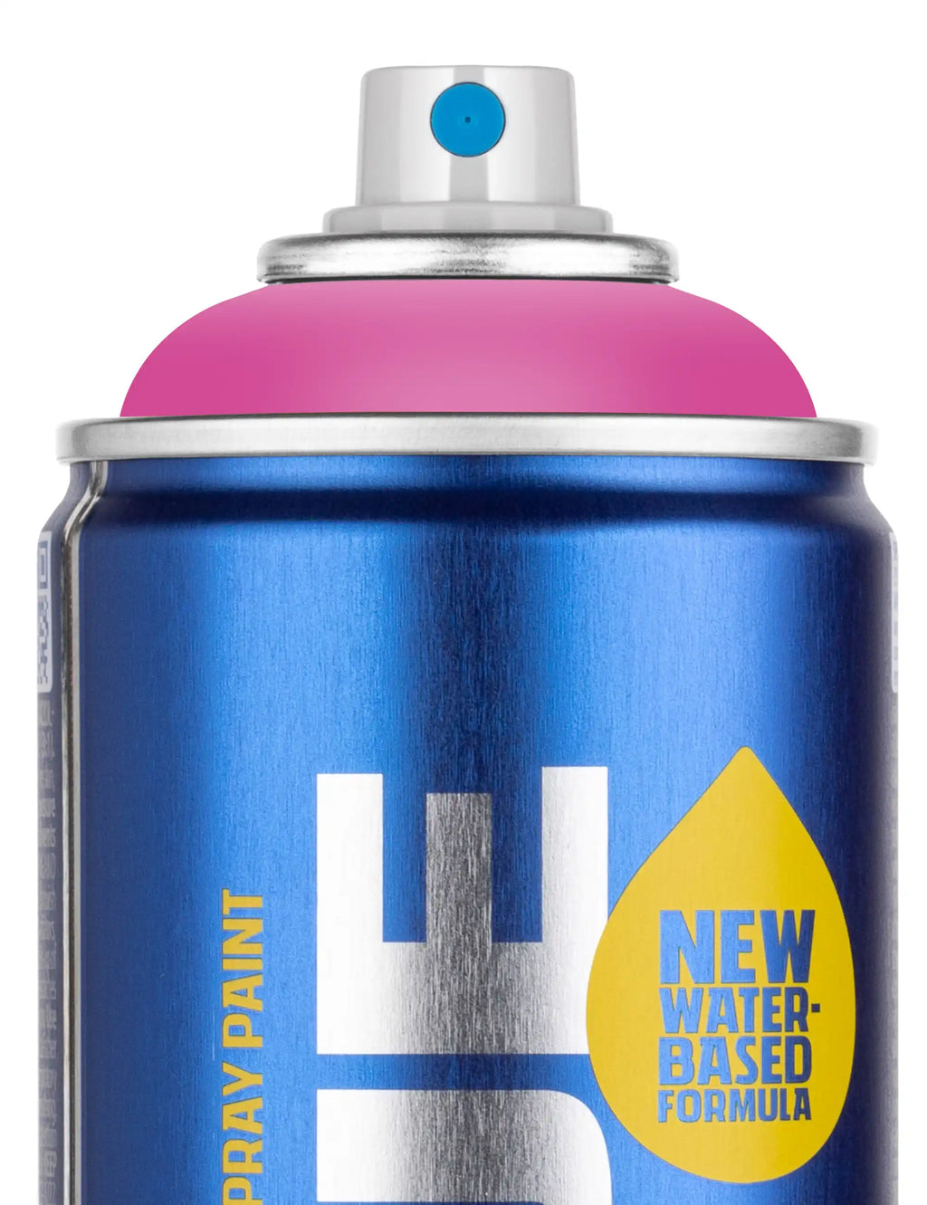 Close-up of 400 ml water-based spray paint can nozzle, blue label and pink cap