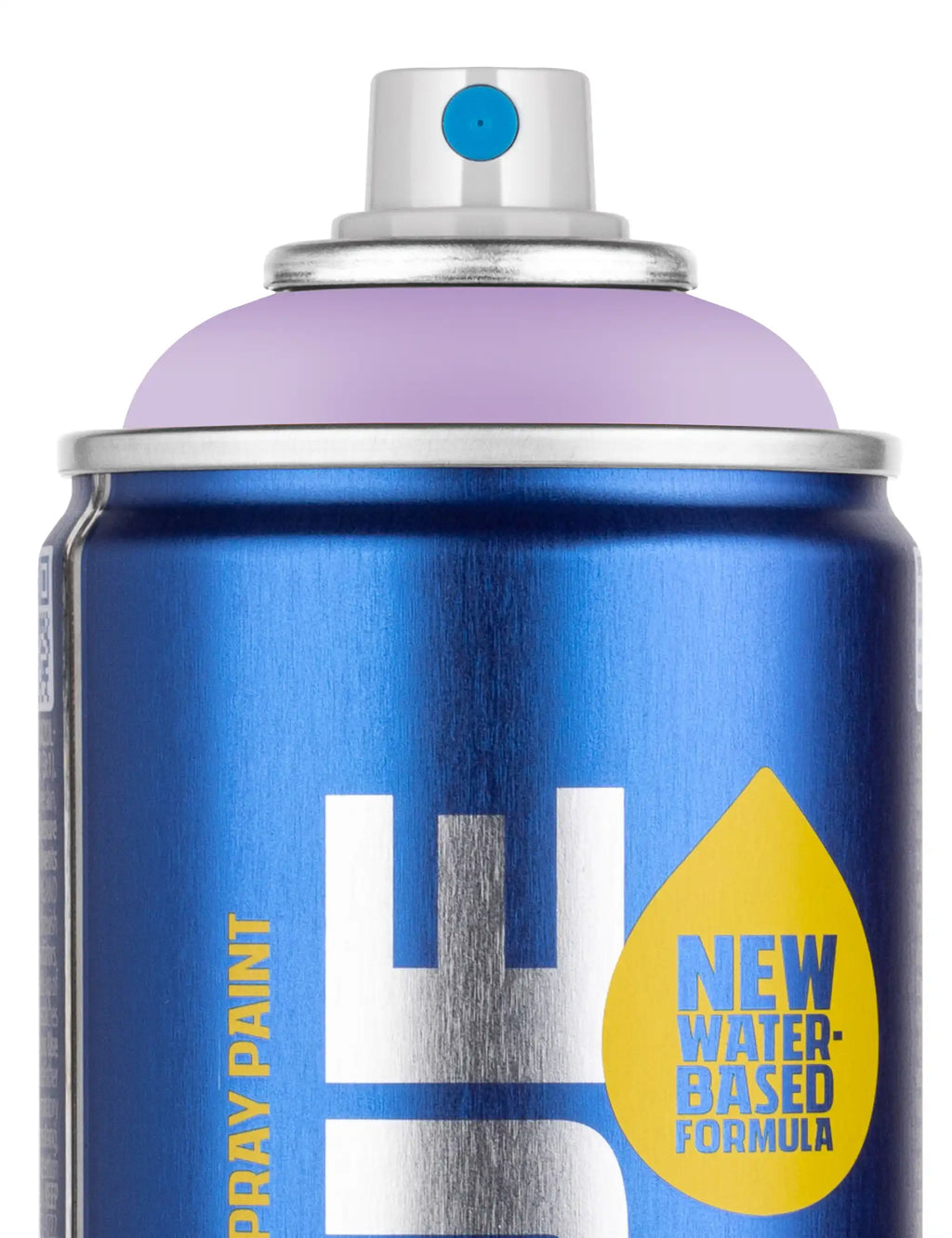 Close-up of blue water-based spray paint can with purple band and blue nozzle cap