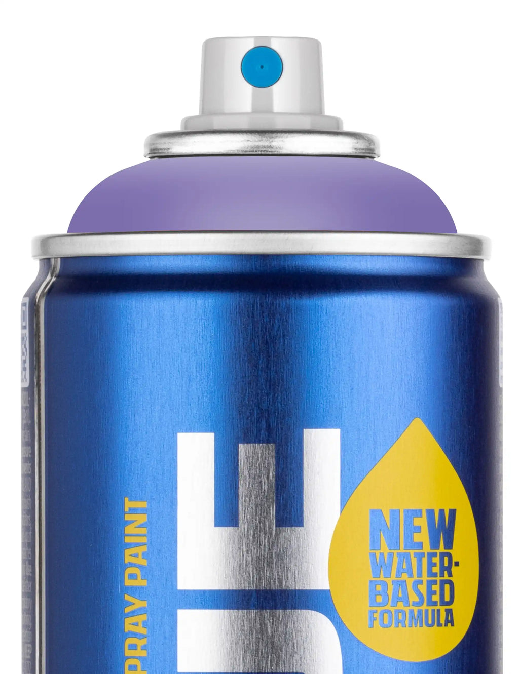 Blue water-based spray paint can close-up with purple band and 'New water-based formula' badge