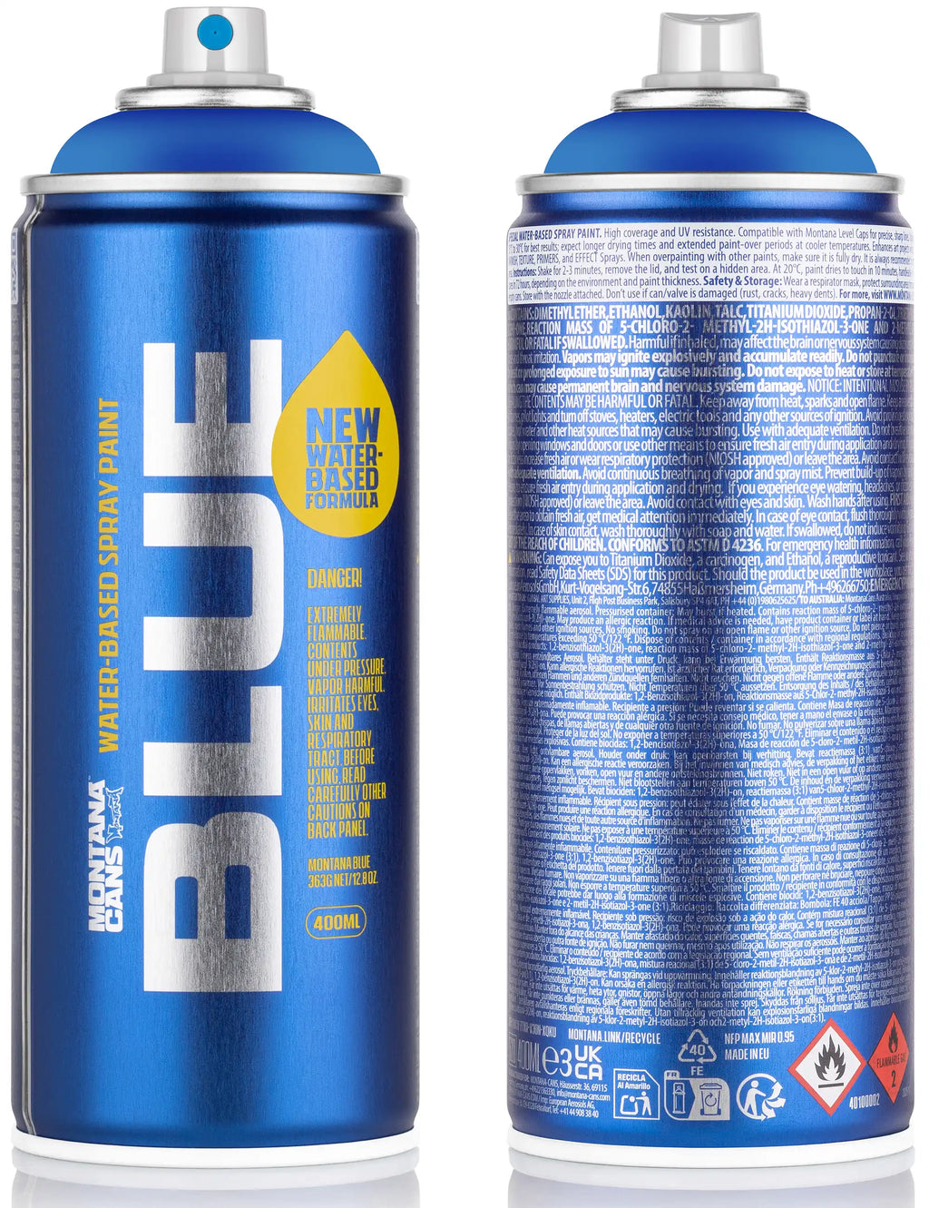 Water-based spray paint can, Morpho BLU5030, blue label with warnings