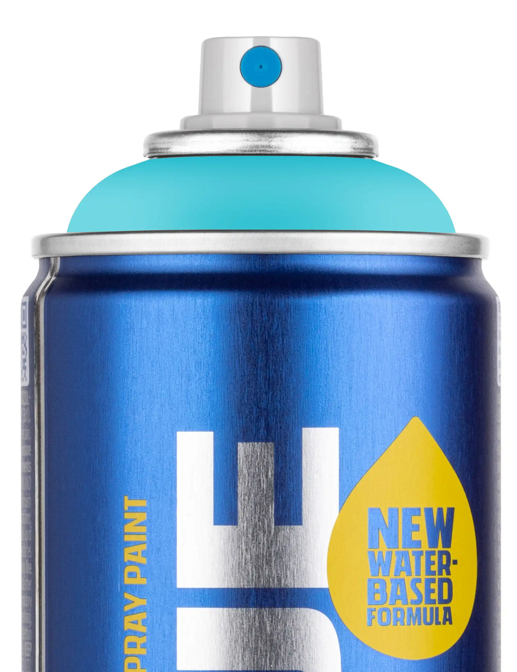 400 ml water-based spray paint can in Sardinia blue, close-up of label and cap
