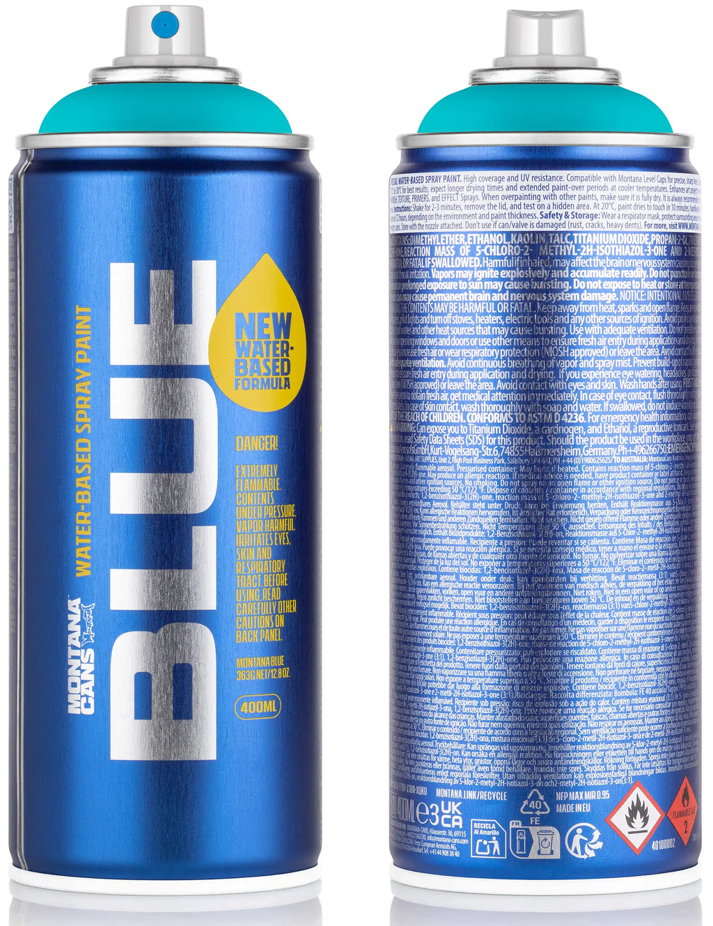Water-based spray paint can, surf blue with teal cap; front and back view.
