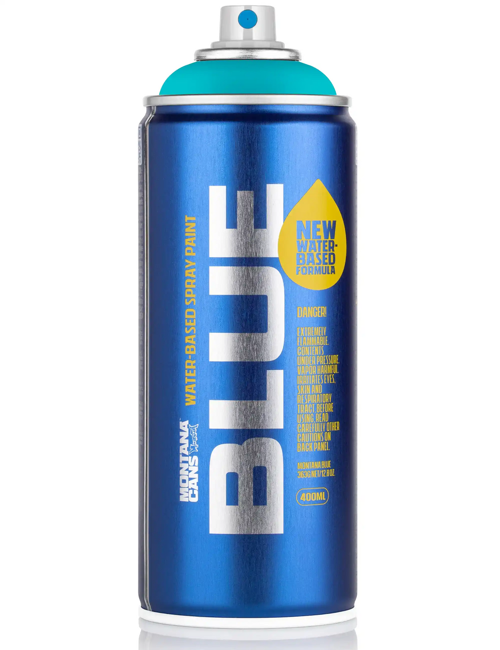 Water-based spray paint can in surf blue with teal cap; front view.