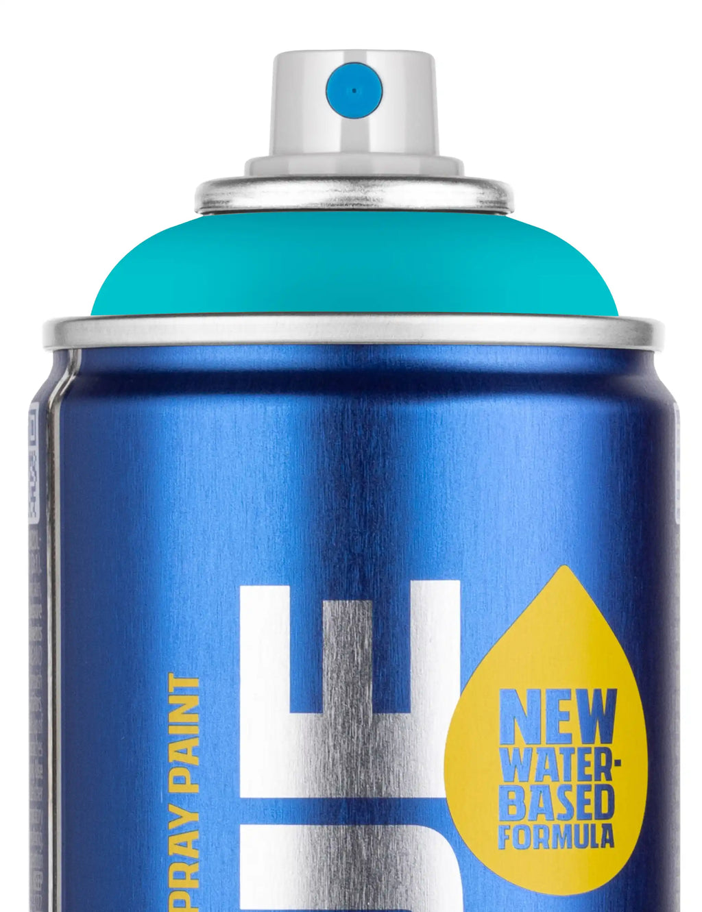 Surf blue water-based spray paint can close-up with teal cap and nozzle.