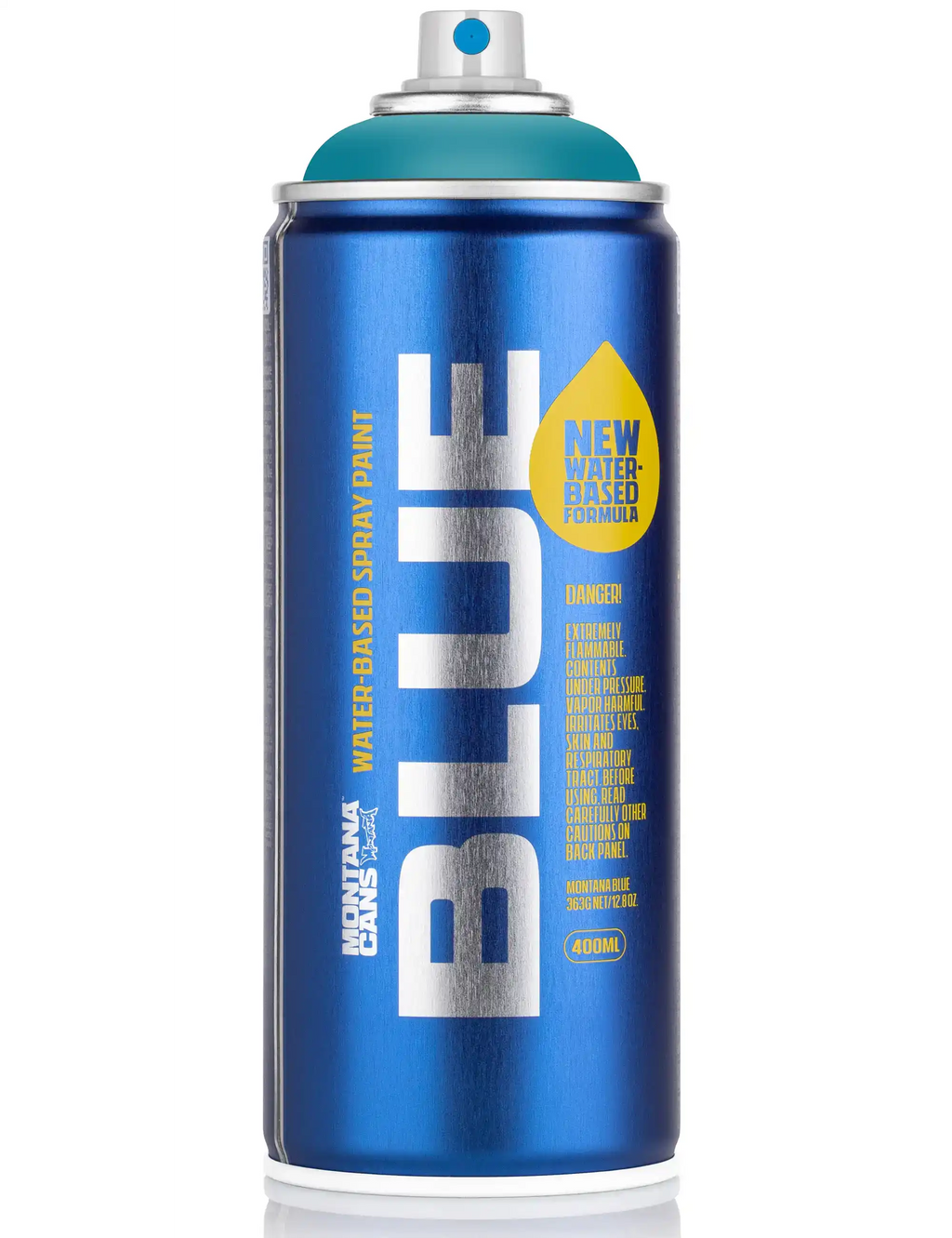 Blue water-based spray paint aerosol can with large label and silver cap