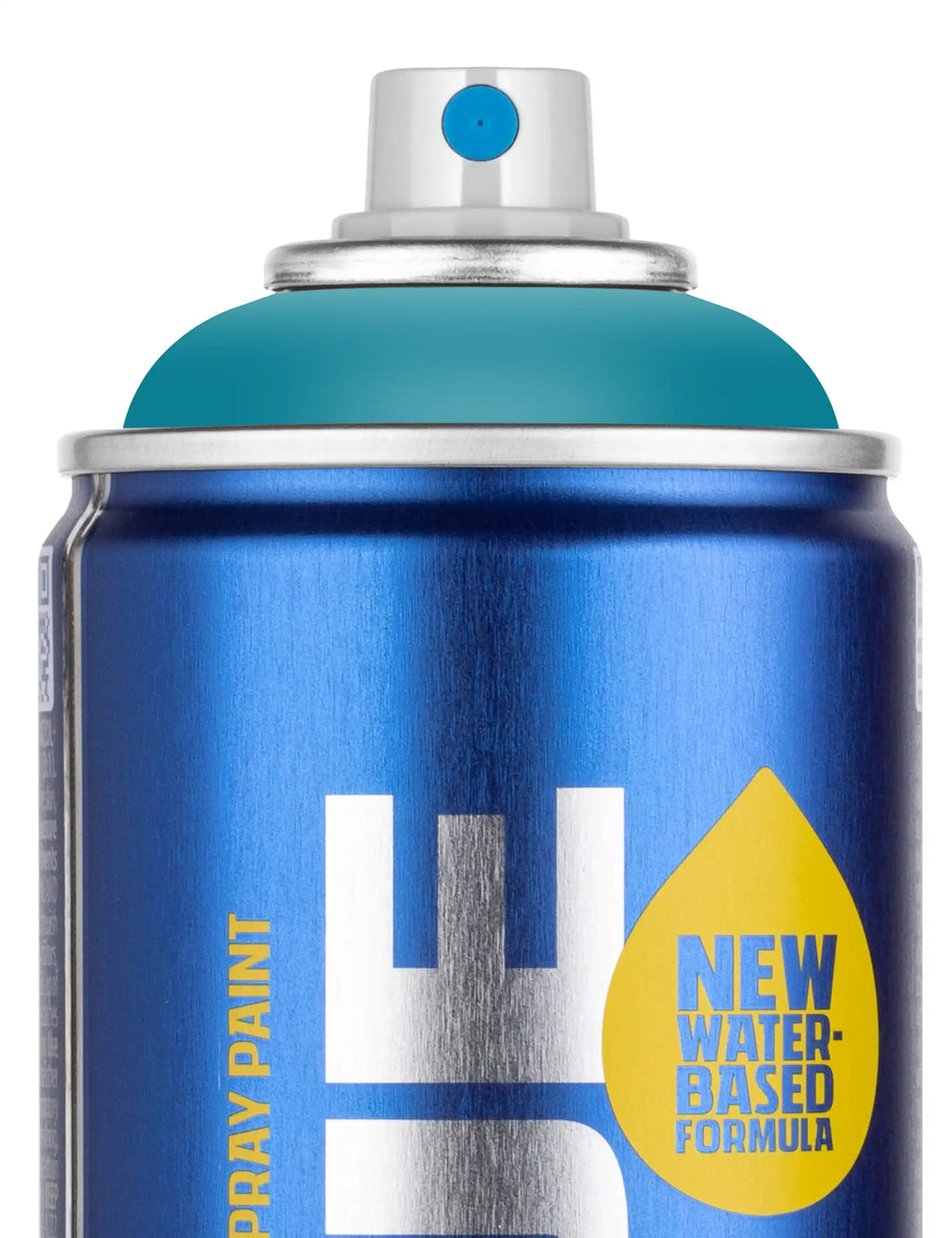 Close-up of blue water-based spray paint can with NEW water-based formula badge