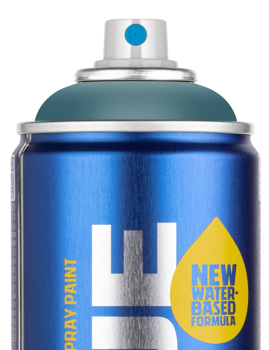 Teal-blue water-based spray paint can top and front branding detail