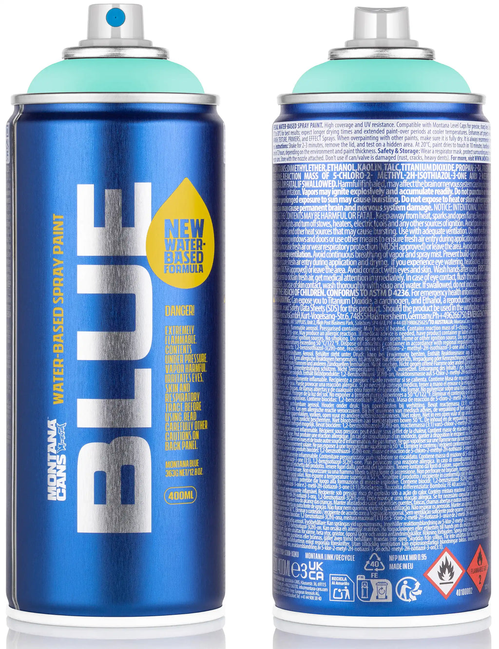 Blue water-based spray paint can, front and back, 400 ml