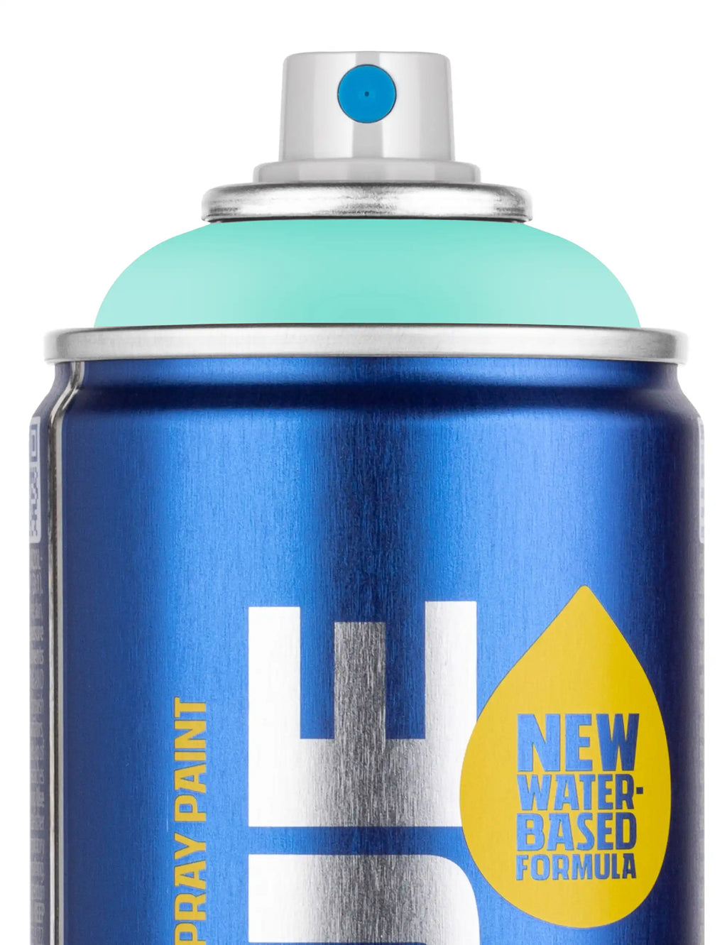 Close-up of blue water-based spray paint can cap and label, 400 ml