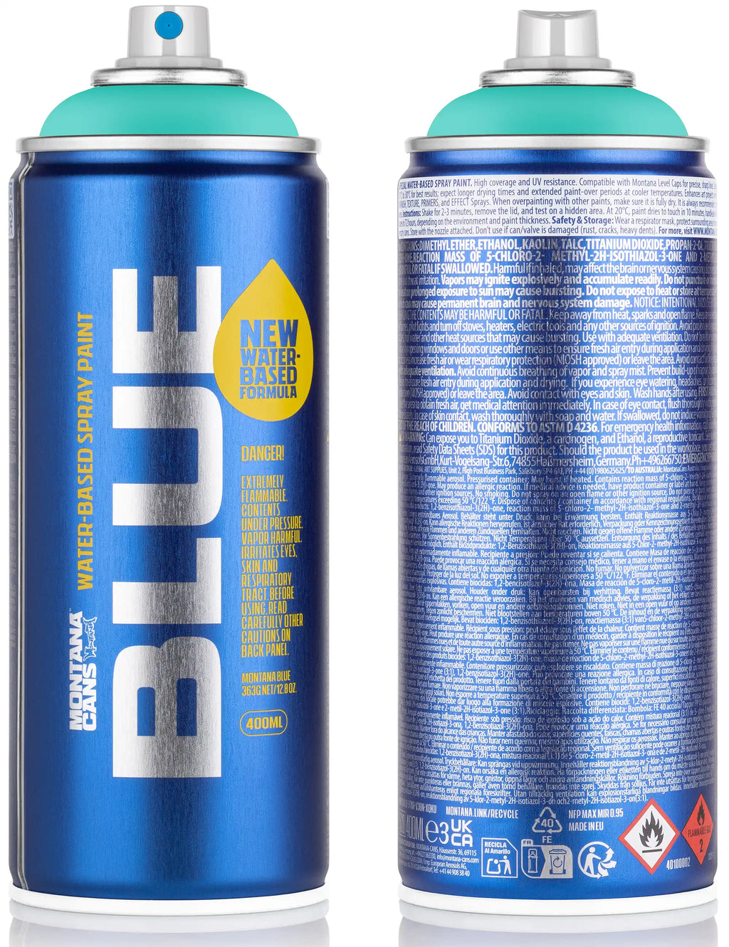 400ml water-based spray paint can, mint cap, blue body with label text