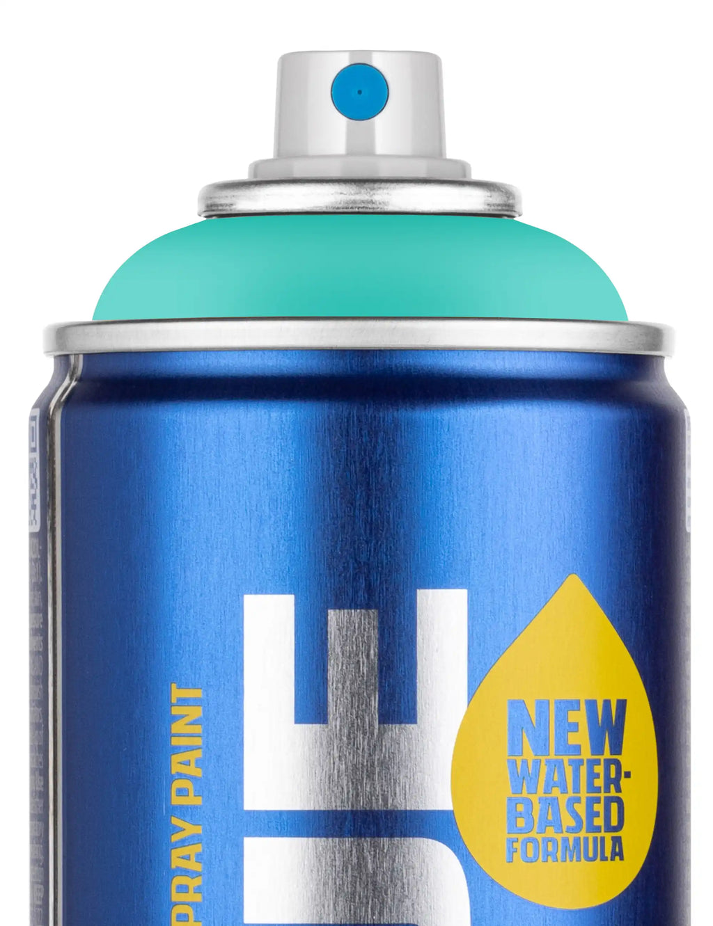 Close-up water-based spray paint can top with mint cap on blue body