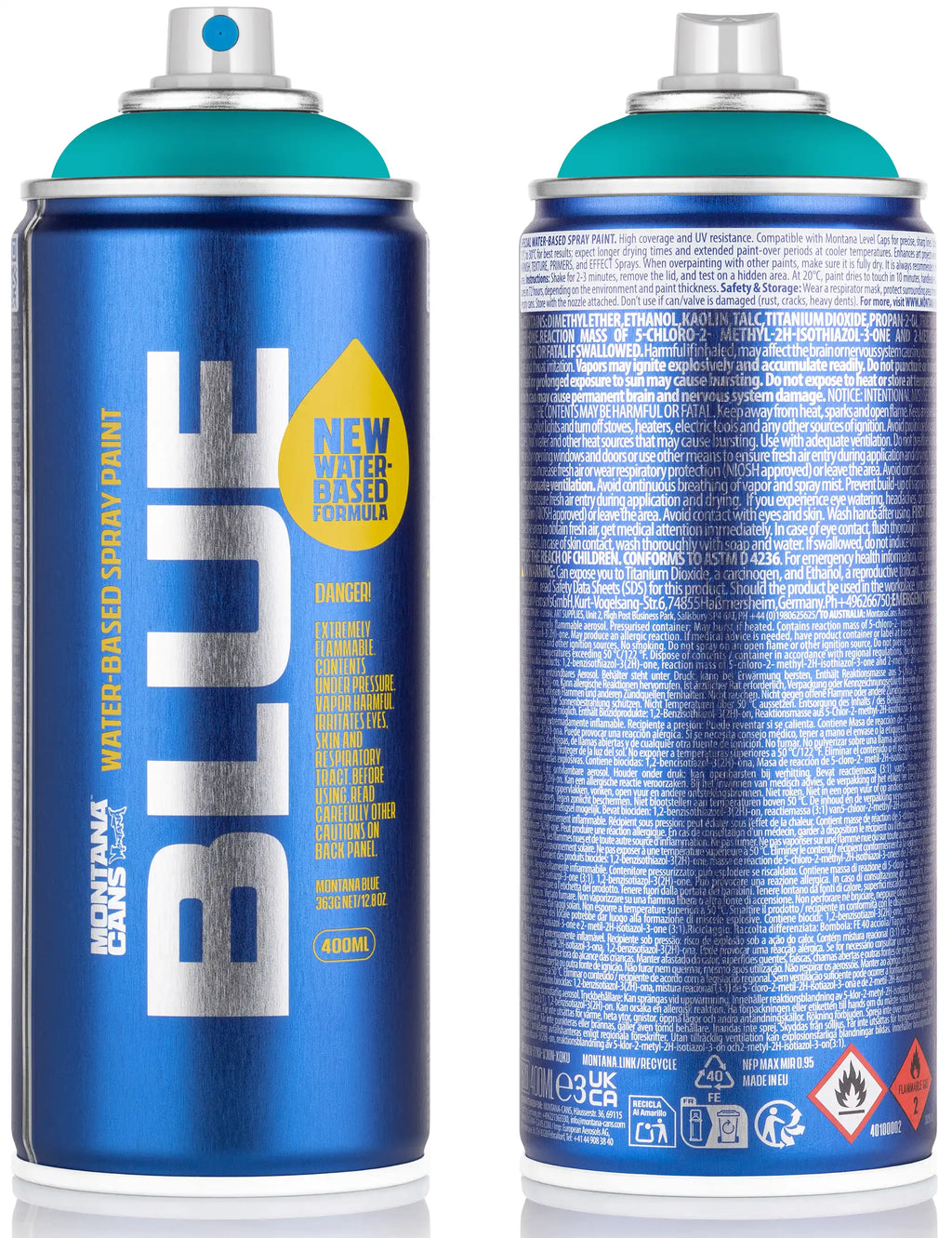 Blue water-based spray paint can, teal cap; front and back label visible