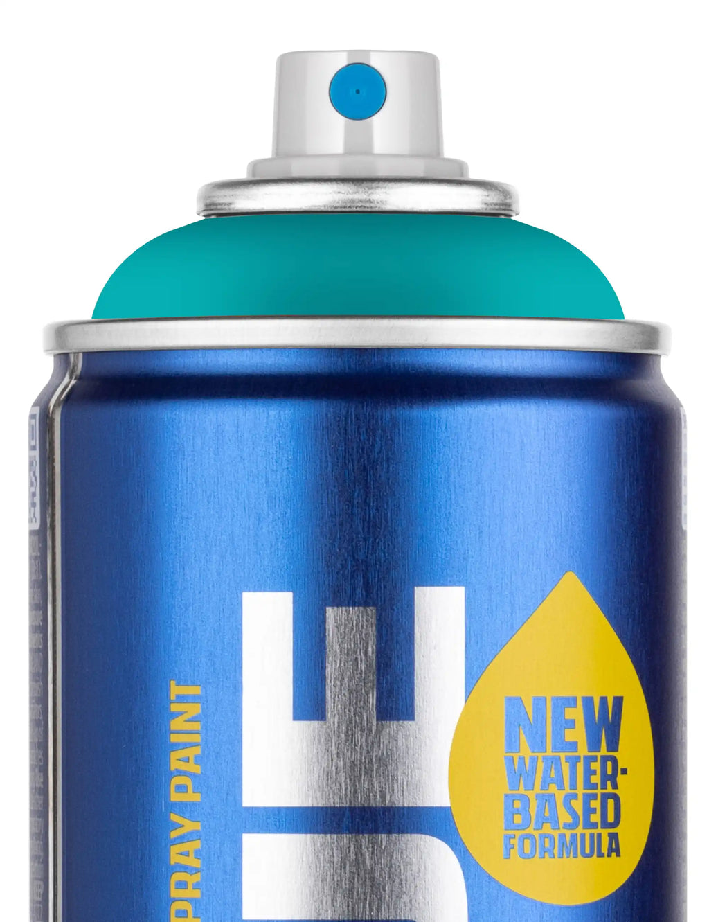 Close-up of blue water-based spray paint can top with teal nozzle