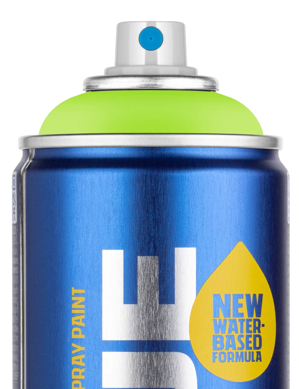 Close-up water-based spray paint can: blue body and green cap