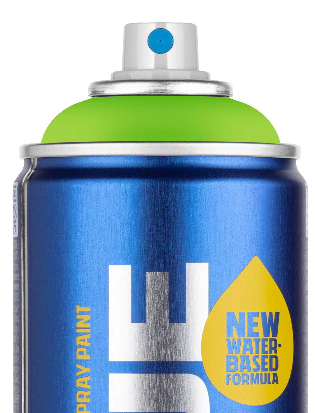 Close-up of blue water-based spray paint can with green cap and NEW WATER-BASED FORMAULA