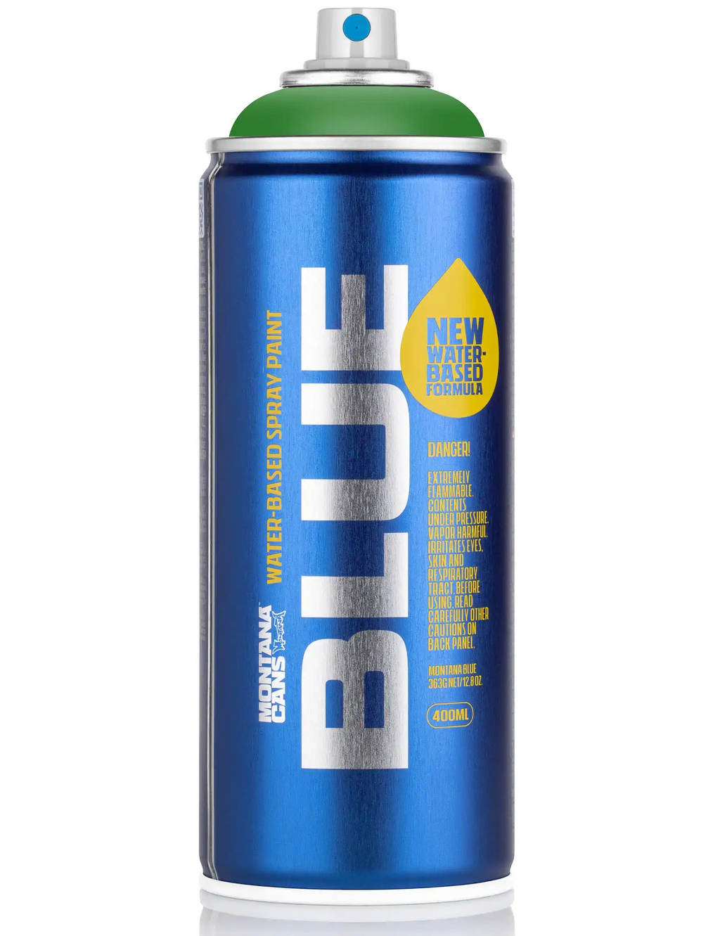 Water-based spray paint can, blue canister with green cap and side label