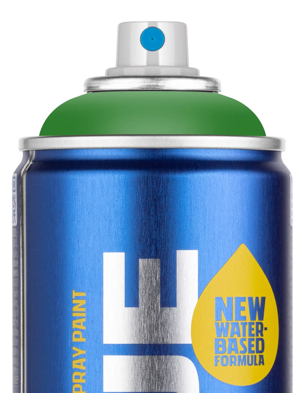 Water-based spray paint can close-up with green cap and blue body