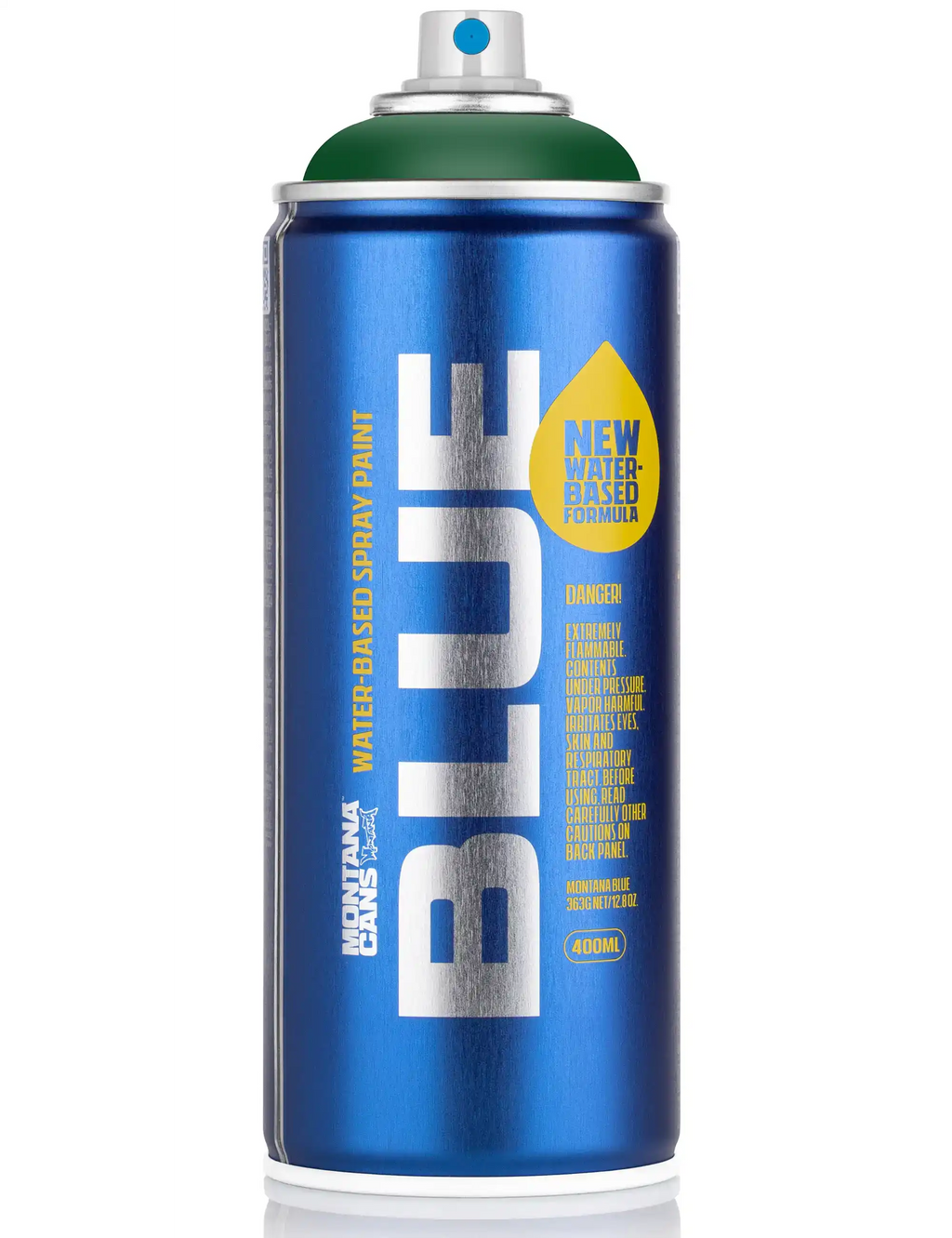 Blue water-based spray paint can with green cap and silver nozzle; front view