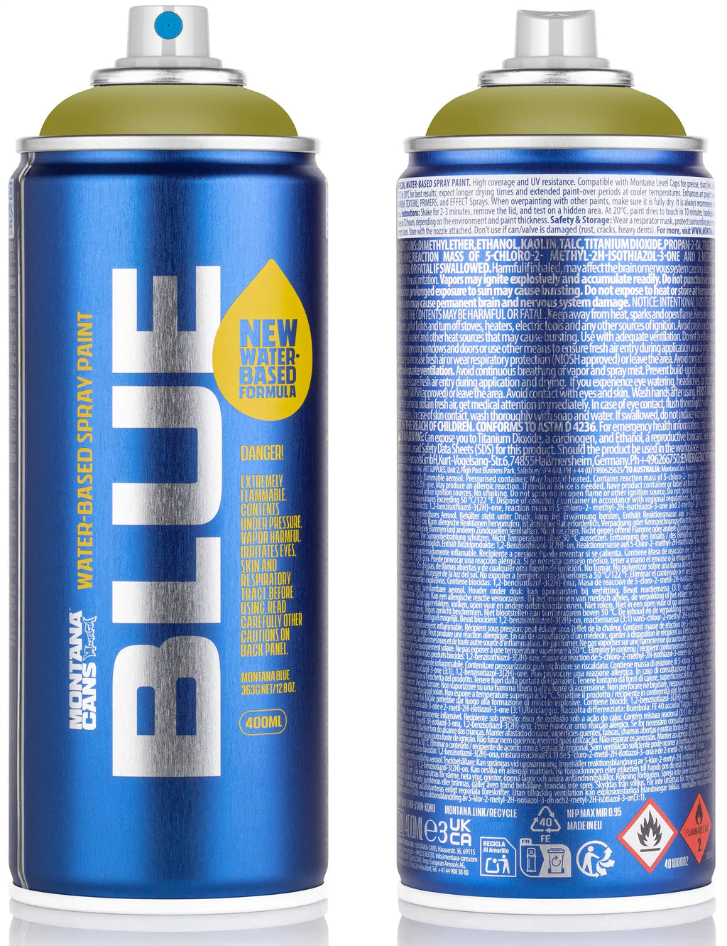 Blue water-based spray paint can, 400ml, white label and instruction panel