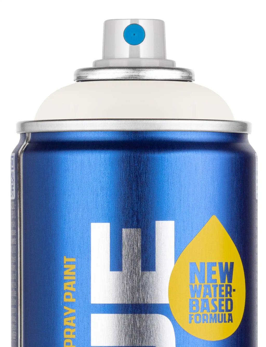 Water-based spray paint can close-up, blue body and silver nozzle cap, 400ml.